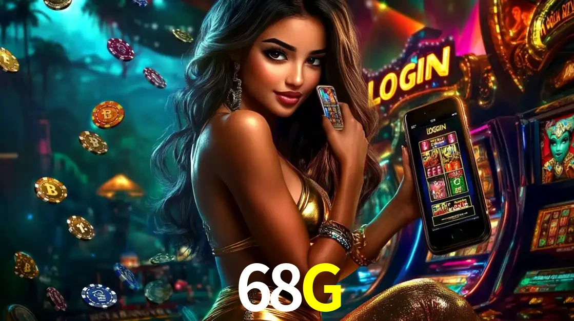 Mulher em um cenário de cassino temático de aventura, mostrando o app de caça-níqueis da 68G no celular. Fichas de apostas flutuam ao redor.