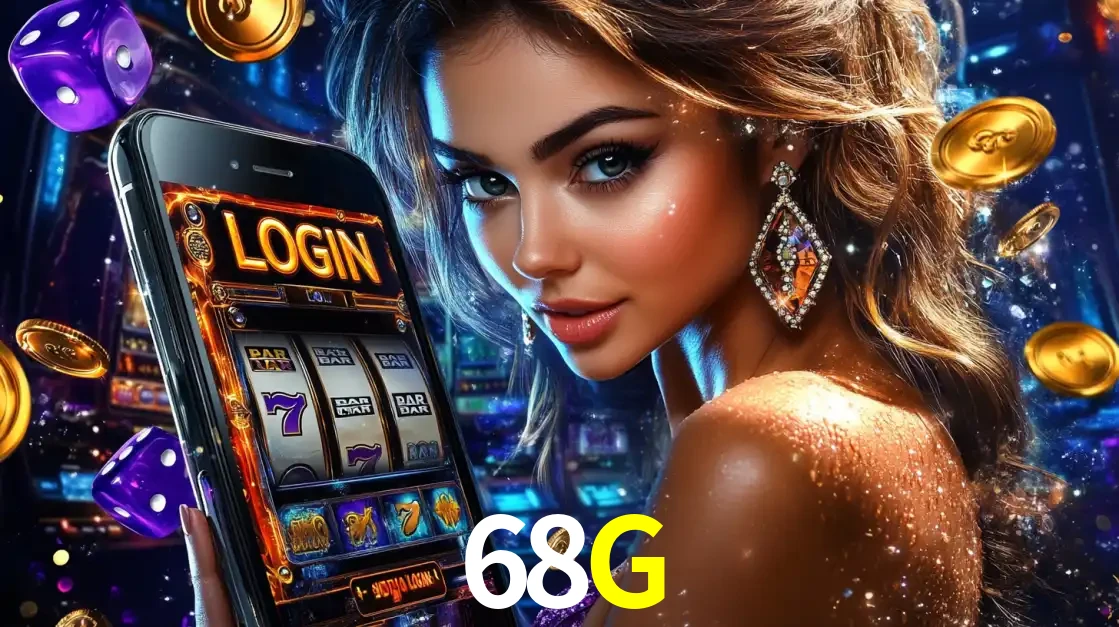 Mulher glamorosa segurando um smartphone com a tela de login para os jogos de caça-níqueis do cassino online 68G, com moedas de ouro e dados ao redor.