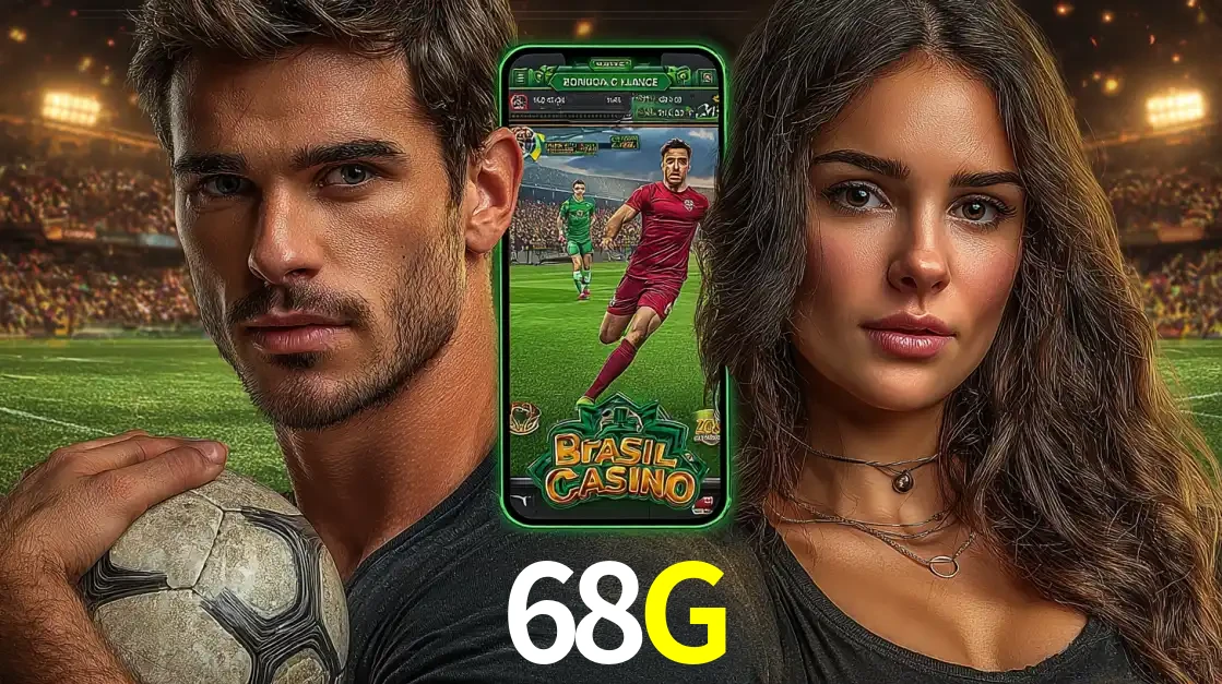 Homem segurando uma bola de futebol e uma mulher ao lado de um smartphone exibindo o jogo de apostas esportivas da 68G. Faça seu palpite no cassino online.
